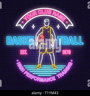 Basketball Club neon Design oder Emblem. Vektor. Konzept für T-Shirt, Druck, Stempel oder T-Stück. Vintage Typografie Design mit Basketballspieler und Basketball Ball Silhouette. Nacht neon Schild Stock Vektor