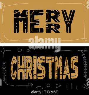 Set Weihnachten Werbegeschenk Karten mit handschriftlichen Typografie und dekorative Elemente. Dekorative Vector Illustration für Winter Einladungen, Karten, Poster Stock Vektor