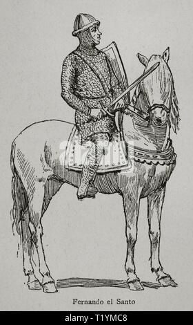 Fernando III de Castilla, Llamado 'el Santo" (1199-1252). Rey de Castilla y León. Grabado. 'Museo Militar del Ejército Español', Tomo I. Evaristo Ullastres Editor. Barcelona, 1883. Biblioteca Histórico Militar de Barcelona, Cataluña, Spanien. Stockfoto