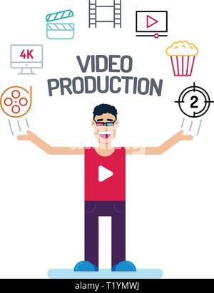 Ein Produzent der Mensch Zeichen in roten T-Stücken und Glas mit seinen Händen. Video Kino film Symbole sind in einem Halbkreis über dem Kopf angeordnet Stock Vektor