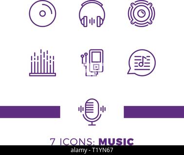 Einfache Musik Audio in Zusammenhang stehende Vektor Zeile für Symbole. Enthält solche Ikonen als Anmerkung, Disc, Mikrofon und mehr. Stock Vektor