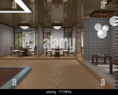 Chinesisches Restaurant, Sushi Bar, Visualisierung, 3D-Darstellung Stockfoto