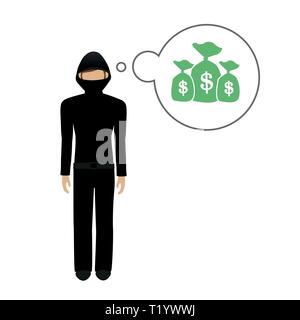 Kriminellen Charakter denkt über eine Menge Geld dollar Vektor-illustration EPS 10. Stock Vektor