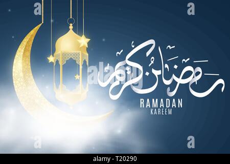 Gruß Ramadan Kareem Karte. Religion heiligen Monat. Hand arabische Kalligraphie gezeichnet. Golden Moon mit hängenden Laternen und Sterne in Wolken. Sternenhimmel. Ve Stock Vektor