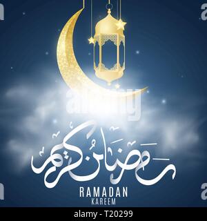 Golden Moon mit hängenden Laternen und Sterne in Wolken. Geschenkkarte für Ramadan Kareem. Religion heiligen Monat. Hand arabische Kalligraphie gezeichnet. Sternenhimmel. Ve Stock Vektor