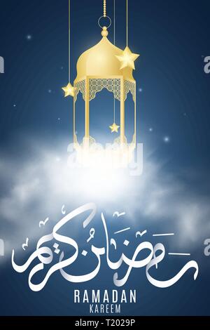Golden hanging lantern mit Sternen in Wolken. Geschenkkarte für Ramadan Kareem. Religion heiligen Monat. Eid Mubarak. Hand arabische Kalligraphie gezeichnet. Sternenhimmel Stock Vektor
