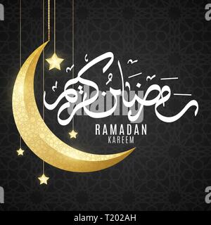 Gold moon mit islamischen geometrische Verzierung. Ramadan Kareem gift card. Arabisch Muster. Hand gezeichnet Kalligraphie. Religion heiligen Monat. Goldene Sterne hängen. V Stock Vektor