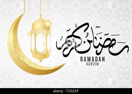 Ramadan Kareem gift card. Golden Moon mit hängenden Laternen und Sterne. Arabisch Muster. Islamische Ornament. Hand gezeichnet Kalligraphie. Religion heiligen Monat. G Stock Vektor