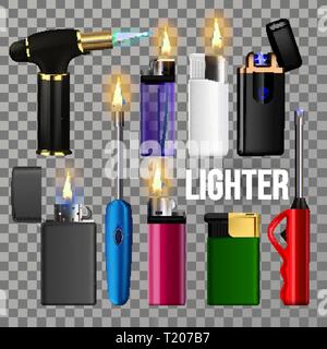 Feuerzeug Set Vektor. Feuer Objekt leer. Corporate Light Zubehör. Entzünden. Zigarette Gas Feuerzeug aus Kunststoff. Kraftstoff. 3D realistische Abbildung Stock Vektor