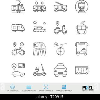 Vektor Symbol Leitung festgelegt. Öffentliche Verkehrsmittel lineare Symbole. Stadt Fahrzeuge, Symbole, Piktogramme, Zeichen. Pixel Perfect Design. Editierbare Schlaganfall. Stellen Sie Line Weig Stock Vektor