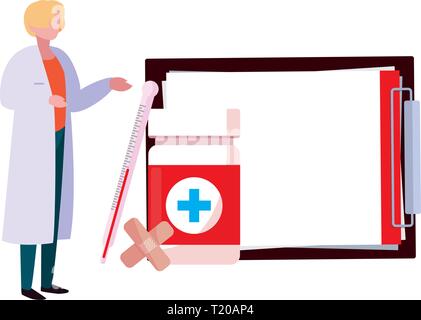 Frau Doktor mit medizinische Symbole Vector Illustration Design Stock Vektor