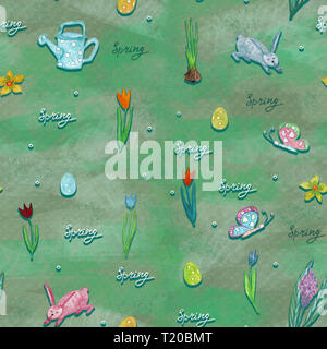 Nahtlose frühling muster mit Blumen, Hasen, Ostereier. Helle Farbe Hintergrund für die Ostern Karten, Papier wrapper und anderen Objekten. Stockfoto