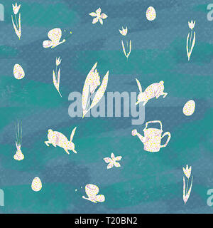 Nahtlose frühling muster mit Blumen, Hasen, Ostereier. Helle Farbe Hintergrund für die Ostern Karten, Papier wrapper und anderen Objekten. Stockfoto