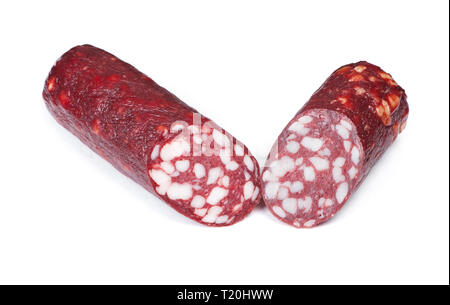 Geschnittene Salami Wurst isoliert auf weiss Stockfoto