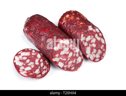 Geschnittene Salami Wurst isoliert auf weiss Stockfoto