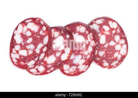 Geschnittene Salami Wurst isoliert auf weiss Stockfoto