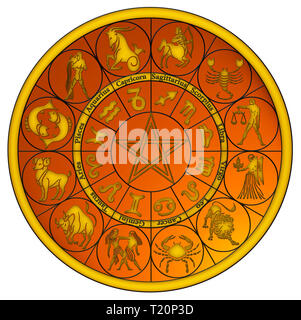 Sternzeichen als Golden Reliefs auf eine orange Emblem Stockfoto