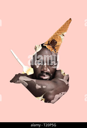 Eine alternative Icecream. Süße der menschlichen Natur. Ein Mann wie ein Eis mit Sahne und Milch und Kakao Schokolade mit der Hupe oh bedeckt seinen Kopf. Essen Konzept. Modernes Design. Zeitgenössische Kunst Collage. Stockfoto