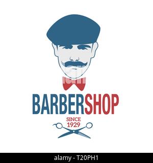 Retro Style Friseur Emblem, ein Mann mit einem Schnurrbart, Baskenmütze und Fliege. Friseurscheren Symbol Stock Vektor