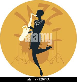 Musikalischer Stil. Jazz. Silhouette von Flapper Girl spielen, Saxophon und Schlagzeug im Hintergrund Stock Vektor