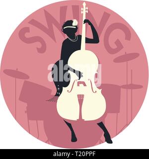 Musikalischer Stil. Schwingen. Silhouette von Flapper Girl Spielt Kontrabass und Schlagzeug im Hintergrund Stock Vektor