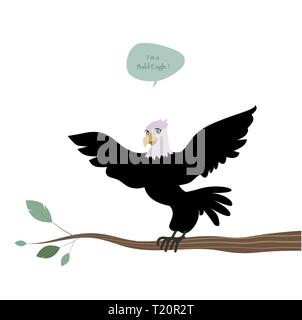 Cute kahler Adler mit ausgebreiteten Flügeln auf einem Zweig und Sprechblase. Vector Illustration Stock Vektor