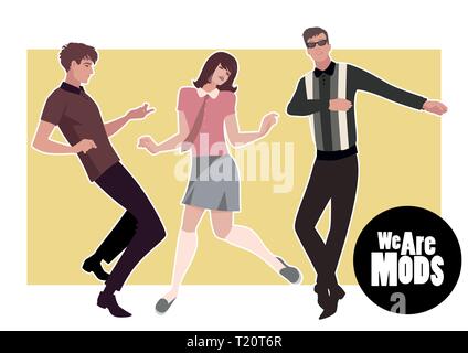 Wir sind Mods. Jungs und Mädchen mit retro Klamotten in den 1960er Mod Stil tanzen Northern Soul Stock Vektor