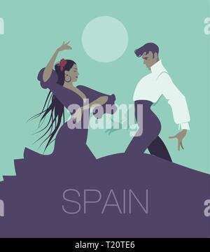 Paar flamenco Tänzerinnen und Tänzer des Tanzen evillanas', die typischen spanischen Tanz. Schöner Mann und schöne lange Haare Frau. Mond im Hintergrund. Stock Vektor