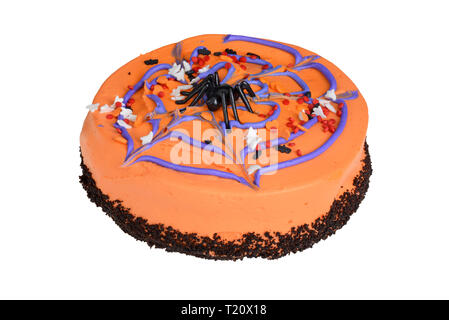 Closeup orange halloween Kuchen mit Spinne isoliert Stockfoto