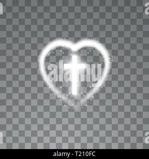 Leuchtend weissen Kreuz mit Herz auf transparenten Hintergrund. Glühende Hl. Kreuz. Vector Illustration Stock Vektor