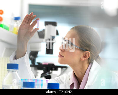 Wissenschaftler der Vorbereitung einer Probe in einer Durchstechflasche bereit für die Analyse in den laborator Stockfoto
