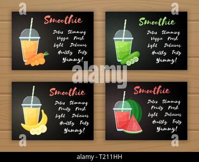 Satz von Smoothie Frucht Cocktail flachbild Vector Illustration. Schmackhafte, natürliche Frucht, Glas mit bunten Schichten von smoothies Cocktail und Smoothie Zeichen für Drink promo landing page oder im Sommer fast food Menü Stock Vektor