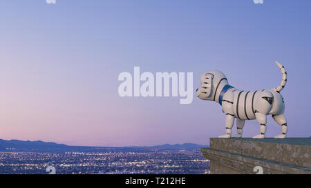 Roboter Hund an Skyline bei Nacht suchen, 3D-Rendering Stockfoto