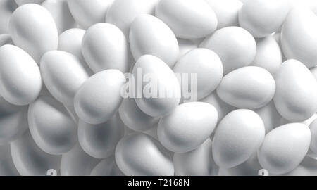 Leere weiße Ostern Ei Stapel mock up, Tiefenschärfe, 3D-Rendering. Leere heap von Hühnereiern mockup. Klar Haufen gekocht Produkt für Ernährung oder Dekor Vorlage. Stockfoto