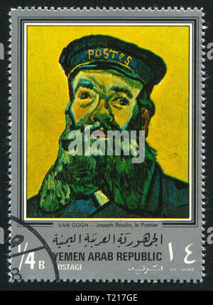 Jemen - ca. 1972: Briefmarke von Jemen gedruckt, zeigt Porträt des Briefträgers Joseph Roulin von Van Gogh, ca. 1972 Stockfoto