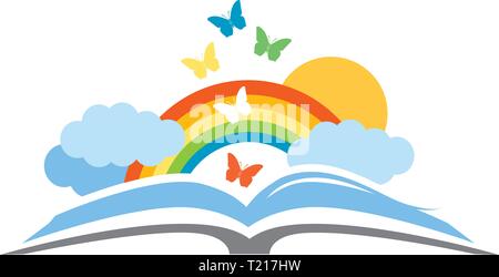 Regenbogen Buch und bunte Schmetterlinge Stock Vektor