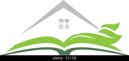 Offenes Buch mit Haus und grüne Blätter Stock Vektor