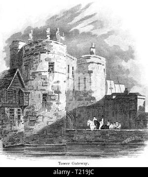 Eine Gravur der Tower Gateway, der Tower von London UK gescannt und in hoher Auflösung aus einem Buch 1814 veröffentlicht. Glaubten copyright frei. Stockfoto