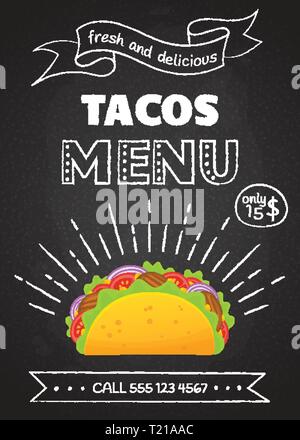 Traditionelle mexikanische Tacos fast food Menü Vector Illustration. Vintage chalk Hand zeichnen Dekoration mit lecker Rindfleisch Fleisch, Salat und Tomaten in leckeren Taco mit Zeichen Tacos Menü für Cafe Design oder Party. Stock Vektor