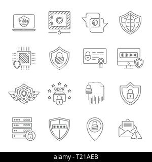 Symbole für Cyber-Schutz und Internetsicherheit festgelegt. Schützen Sie sich in digitaler Technologie. Hochwertige Symbole für die Verwendung im Web, UI, Apps. Bearbeitbare Kontur. EPS Stock Vektor