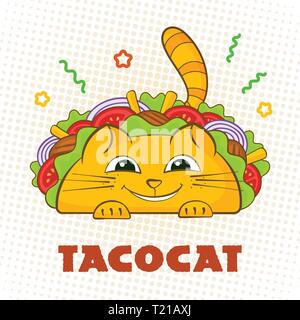 Tacocat glücklich Zeichen mexikanisches Fastfood taco Symbol vektor Illustration. Lächeln Katze Maskottchen mit lecker Rindfleisch Fleisch, Salat und Tomaten in den traditionellen Taco mit Zeichen für Tacocat website Landung promo Stock Vektor