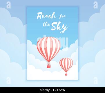 Hot Air Balloon Sky Adventure Vector Illustration. Weiße Wolken am blauen Himmel mit großen motivierenden Zitat und roten Streifen Heißluftballons für Abenteuer Urlaub Promo Banner. Freistellungsmaske angewendet Stock Vektor