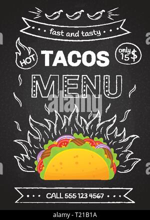 Mexikanische Küche fastfood Tacos Menü Vector Illustration. Retro Flamme chalk Hand zeichnen Design mit lecker Rindfleisch Fleisch, Salat und Tomaten in leckeren Taco mit Zeichen heißen Tacos Menü für Cafe Design oder Party. Stock Vektor