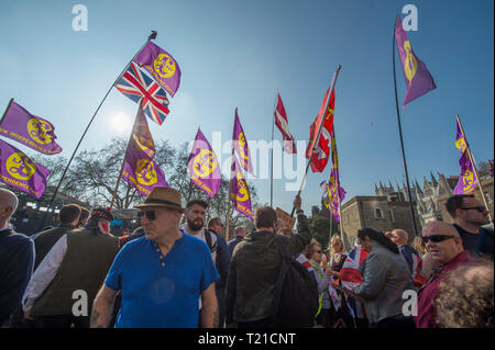 Westminster London, UK. 29. März, 2019. Tausende von Verlassen Unterstützer sammeln außerhalb des Parlaments als MPs Widerrufsrecht deal des Ministerpräsidenten lehnen um 58 Stimmen. März zu sammeln, sammelt im Parlament Platz verlassen zu hören Nigel Farage sprechen. Eine separate machen Brexit Geschehen Rallye findet in Whitehall, organisiert von der UKIP mit der EDL Tommy Robinson. Credit: Malcolm Park/Alamy Leben Nachrichten. Stockfoto