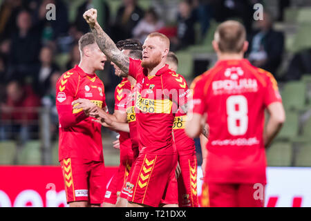 DORDRECHT, Riwal Hoogwerkers Stadium, 29-03-2019, Saison 2018 / 2019, Niederländische Keuken Kampioen Divisie. GA Adler Spieler Thomas Verheydt (m) feiert das Tor 1-2 während des Spiels Dordrecht - Go Ahead Eagles Stockfoto