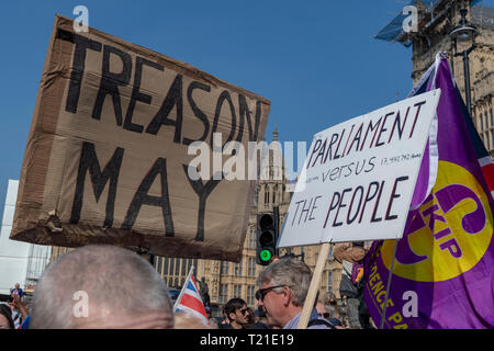 März Brexit verlassen auf dem Londoner Parlament Platz am 29. März 2019. Stockfoto