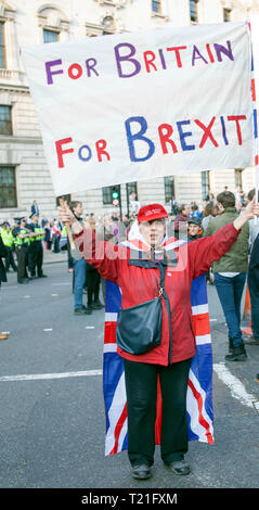 Pro Brexit März 29/3/2019 Demonstrant Holding für Großbritannien für Brexit Banner außerhalb Houses of Parliament, Westminster, London, UK Stockfoto