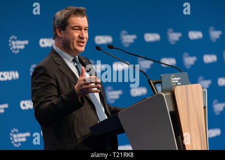 30. März 2019, Bayern, Nürnberg: der Bayerische Ministerpräsident Markus Söder (CSU) eine Rede in der CSU im Europäischen Parteitag geben. Angesichts der bevorstehenden Wahlen zum Europäischen Parlament, der CSU hält eine europäische Partei Konferenz. Einer der Hauptredner ist die gemeinsame Spitzenkandidaten von CDU und CSU, Executive Vice President, stellvertretende CSU Weber. Foto: Nicolas Armer/dpa Stockfoto