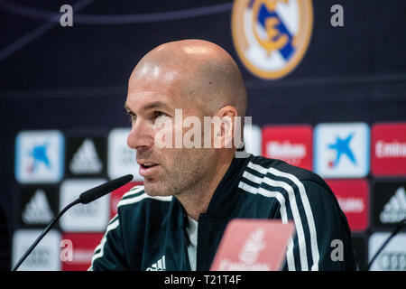 Madrid, den 30. März, 2019. Real Madrid Trainer Zinedine Zidane während einer Pressekonferenz vor der La Liga Match gegen Huesca. Credit: Marcos del Mazo/Alamy leben Nachrichten Stockfoto