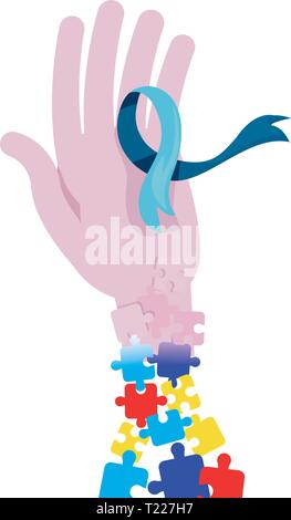 Hand mit Band Puzzles Autismus Bewusstsein Tag Vektor Illustration Stock Vektor